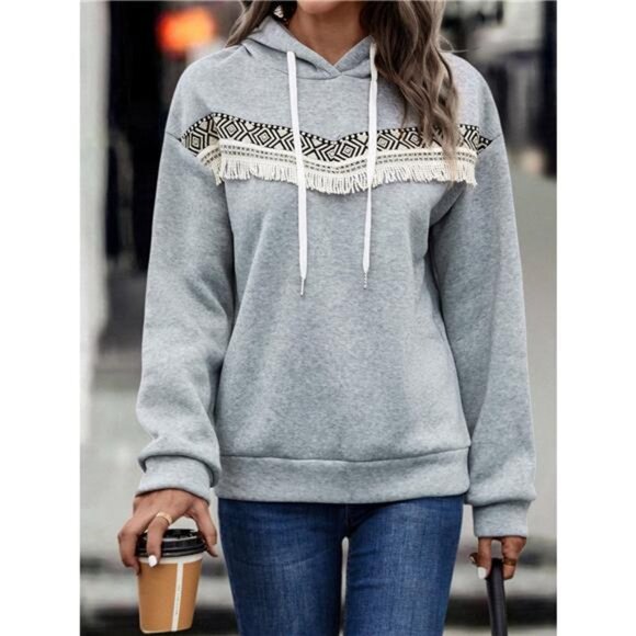 Fringe Detail Long Sleeve Drawstring Hoodie - Picture 13 of 16